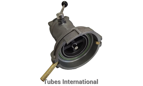 Unloading adapter 4 for API with outlet pipe 3 with lever and eye